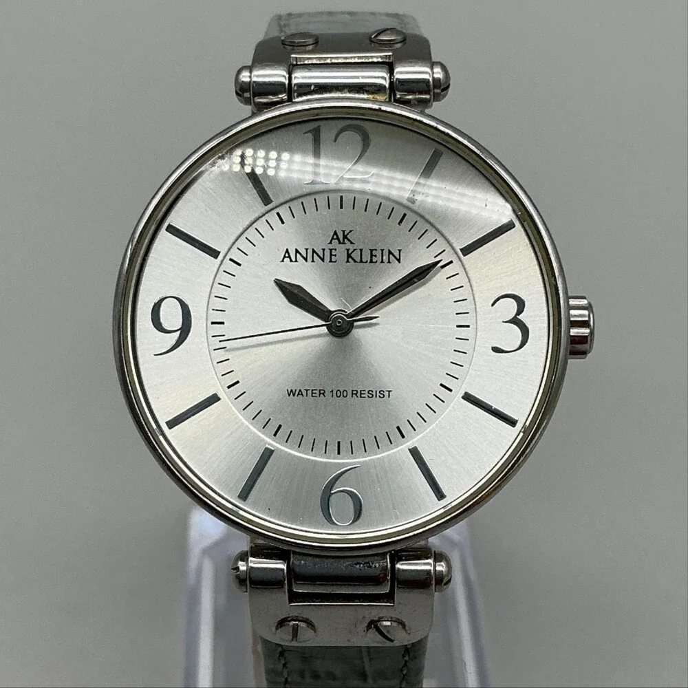 Anne Klein 1090G9 Womens Watch 34mm Silver Tone Dial Gray Leather New Battery